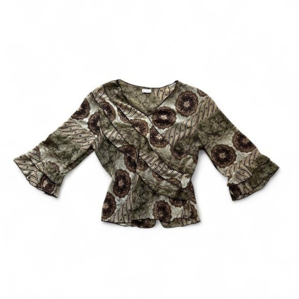 VTG y2k paisley‎ boho fairy ruffle pattern sheer 3/4 sleeve top